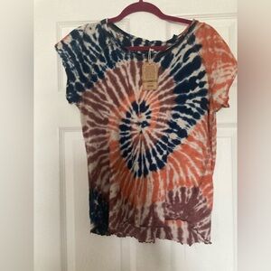 NATURAL LIFE Tie-Dye Short Sleeve Top - Orange, Blue, Brown, Size Large